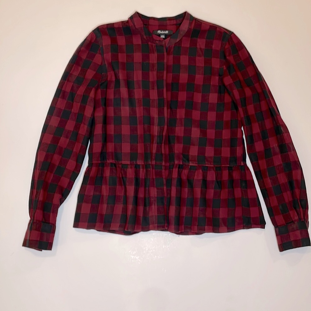 Madewell soft & lightweight flannel covered button peplum top. Maroon/black XXS